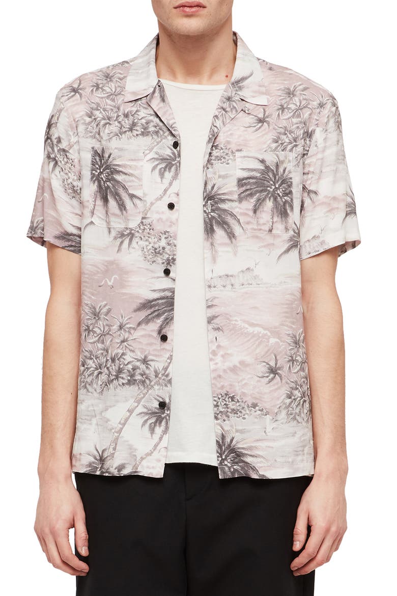 Tiki Slim Fit Print Camp Shirt, Main, color, GREY