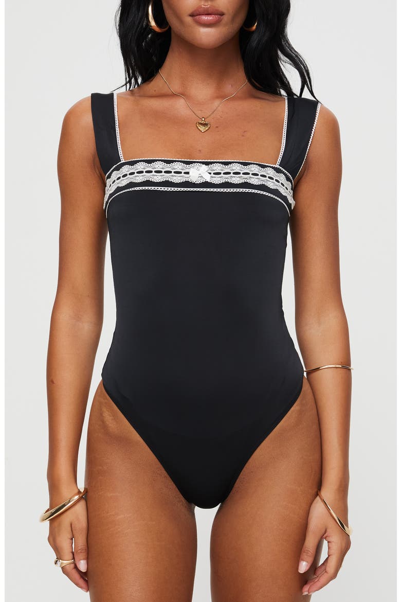 Keating Contrast Lace Trim Bodysuit, Alternate, color, BLACK