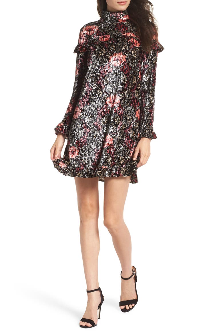 Falling Hard Print Velvet Minidress, Main, color, MOODY FLORAL VELVET