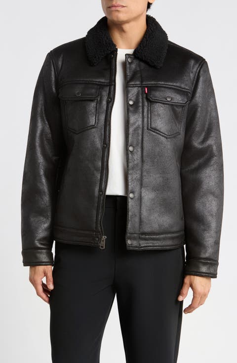 Faux Leather Trucker Jacket with Faux Shearling Collar