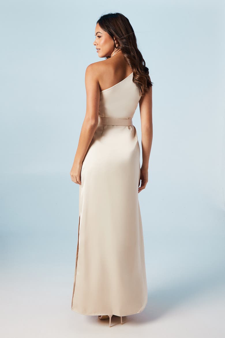 One Shoulder Satin Maxi Bridesmaid Dress, Alternate, color, Champagne