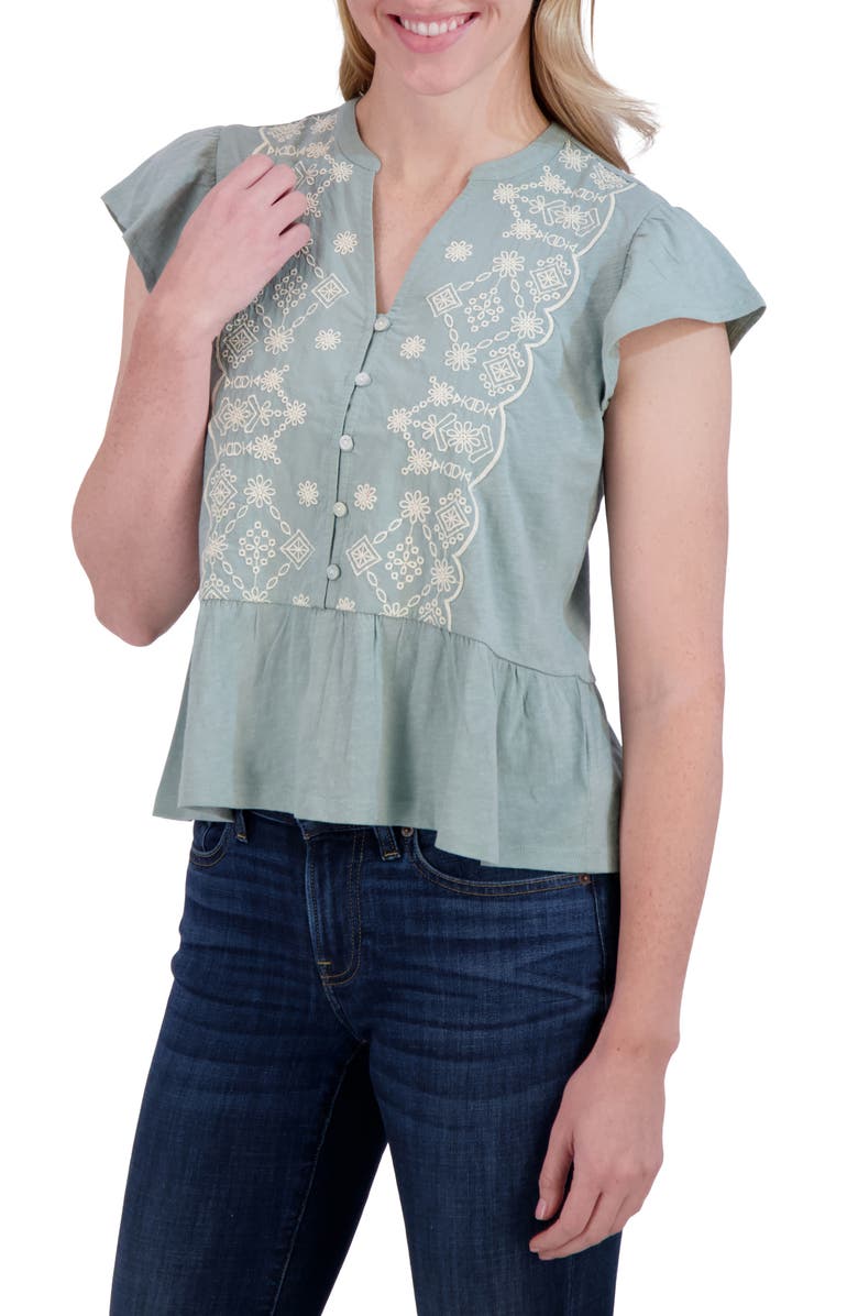 Lucky Brand Embroidered Flutter Sleeve Cotton Top, Alternate, color, Sage
