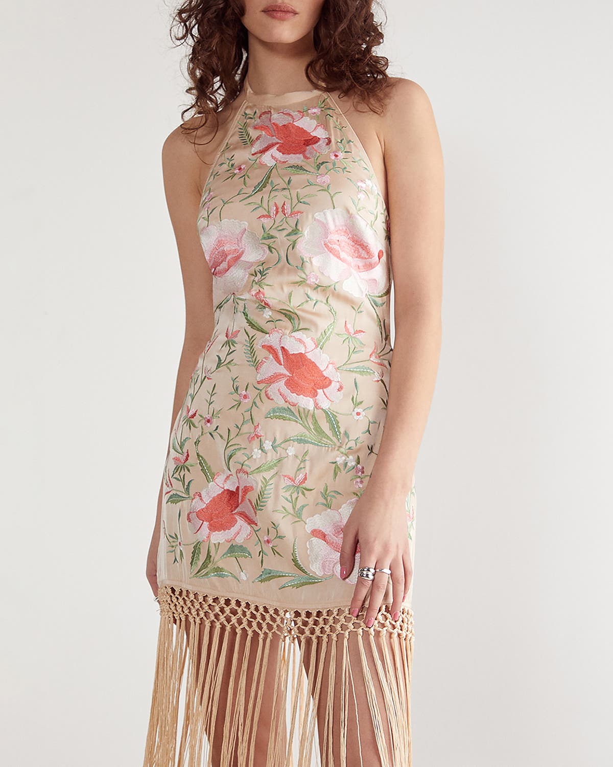 Nasty Gal Women's Limited Hand Embroidered Beaded Halter Fringe Mini Dress in Nude