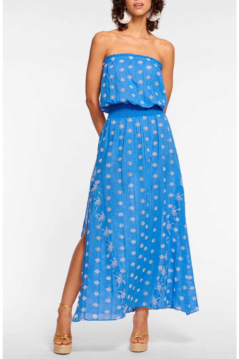 Cynthia Embroidered Cover-Up Strapless Maxi Dress, Main, color, SERENE BLUE/ WHITE COMBO