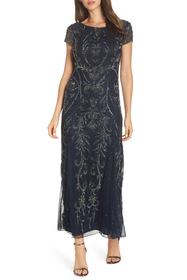 Embellished Mesh Gown, Main, color, NAVY