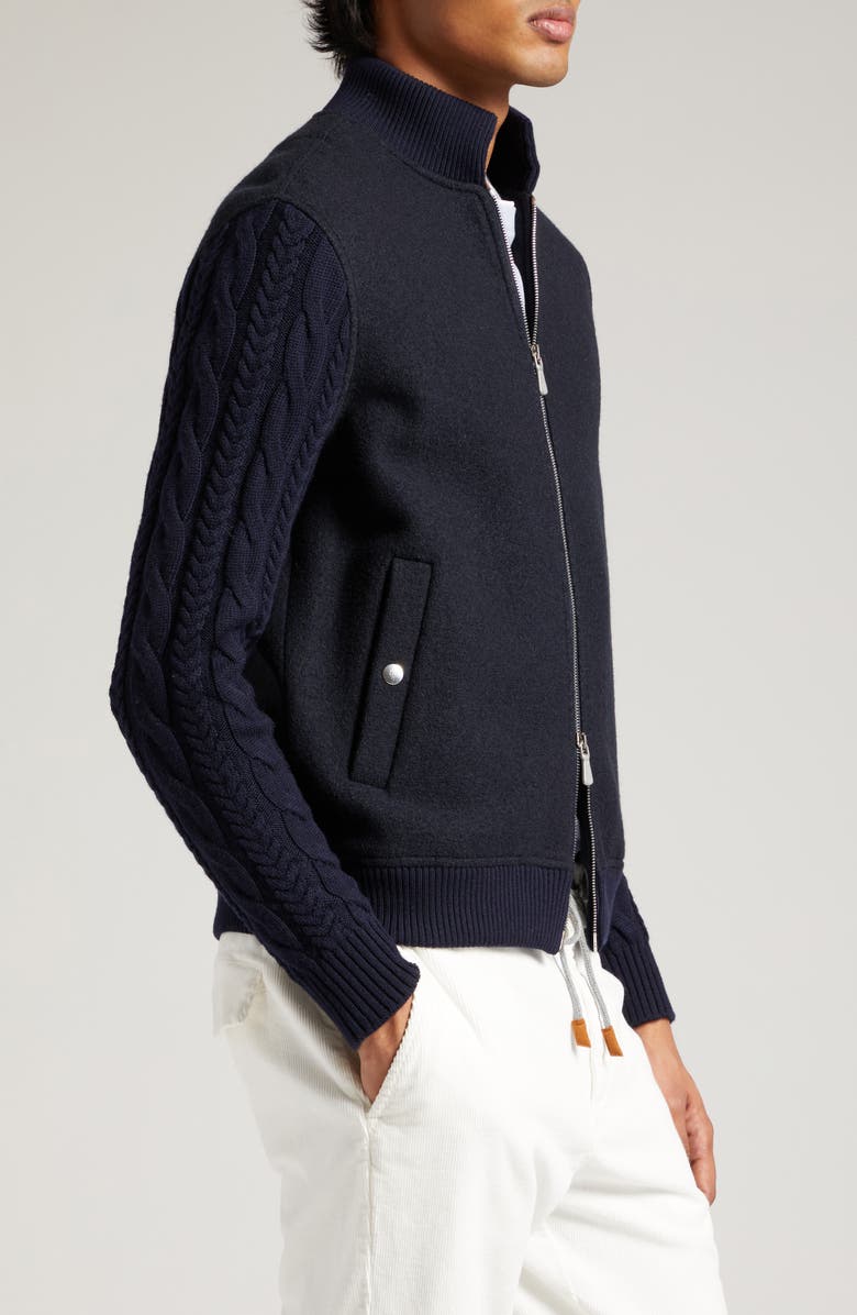 Eleventy Cable Stitch Sleeve Boiled Wool Bomber Jacket, Alternate, color, 