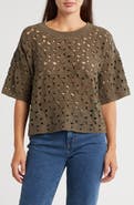 Bobeau Floral Crochet Short Sleeve Top