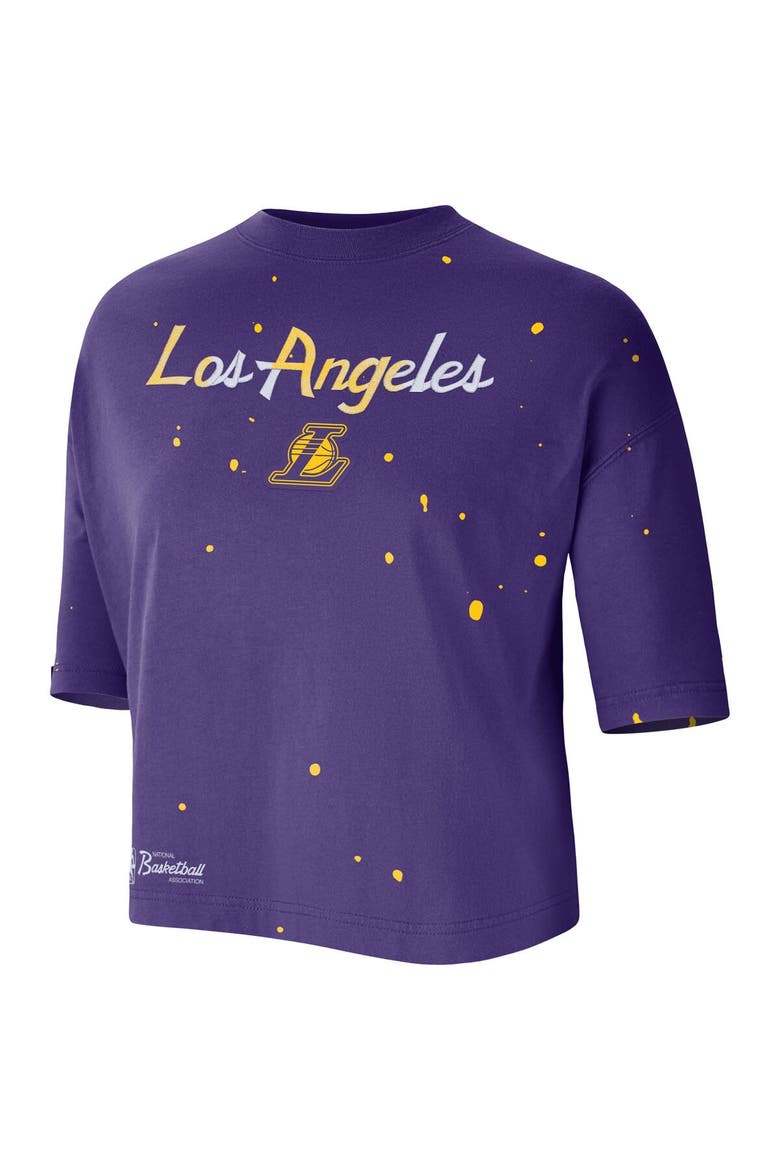 Women's Nike Purple Los Angeles Lakers Courtside Splatter Cropped T-Shirt, Alternate, color, Purple