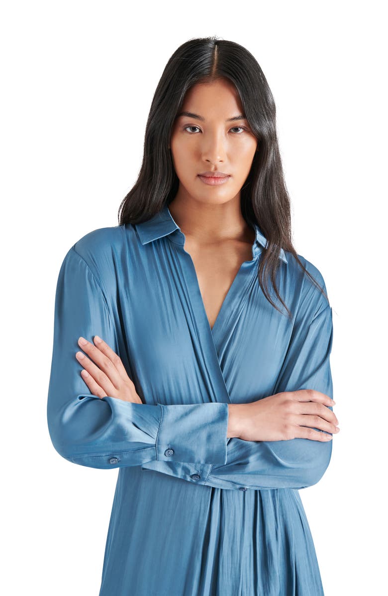 Steve Madden Martina Long Sleeve Faux Wrap Midi Shirtdress, Alternate, color, Ocean Blue