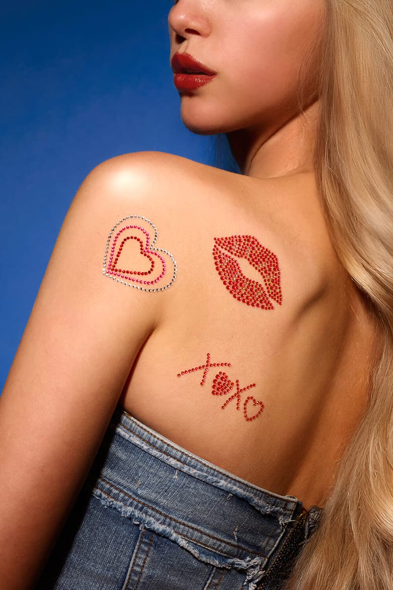 Kisses Rhinestone Tattoo Set, Alternate, color, Red