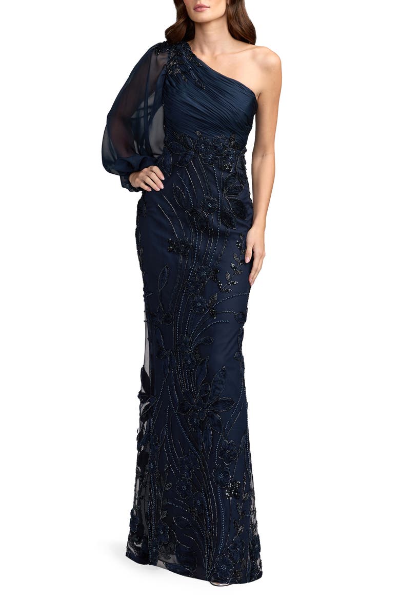 Floral Embroidered Jersey Long Sleeve Gown, Main, color, Navy