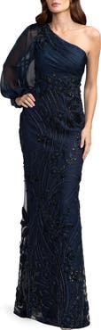 Mac Duggal Floral Embroidered Jersey Long Sleeve Gown