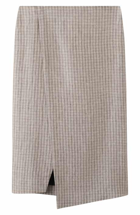 Check Faux Wrap Midi Skirt