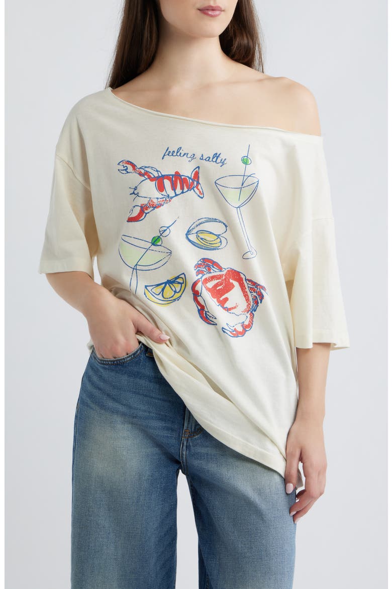 Stay Salty Graphic Off the Shoulder T-Shirt, Main, color, MARSHMALLOW