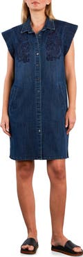 Wash Lab Denim Sundrift Embroidered Faded Cotton Blend Denim Shirtdress