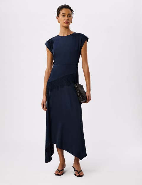 Lace Insert Asymmetric Midi Dress
