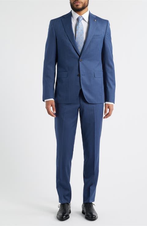 Medium Blue Wool Herringbone Suit