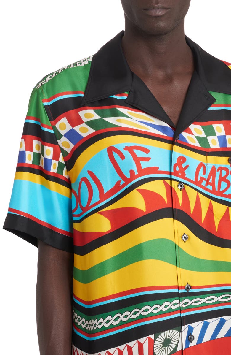 Dolce&Gabbana Carretto Print Short Sleeve Silk Button-Up Shirt, Alternate, color,