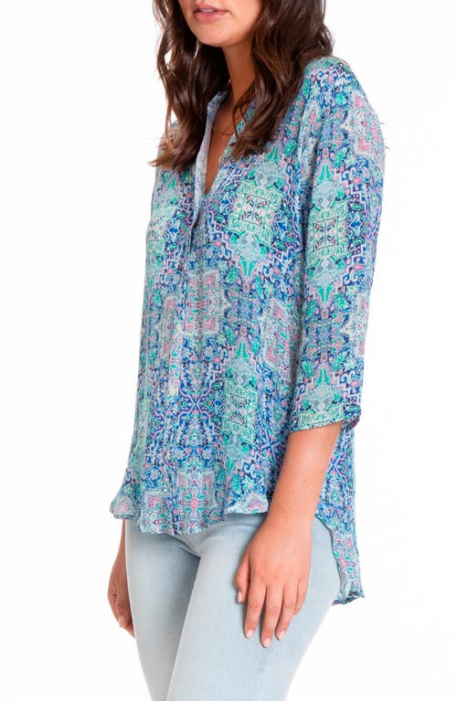 Apny Print Mandarin Collar Chiffon Button-up Top In Blue Multi