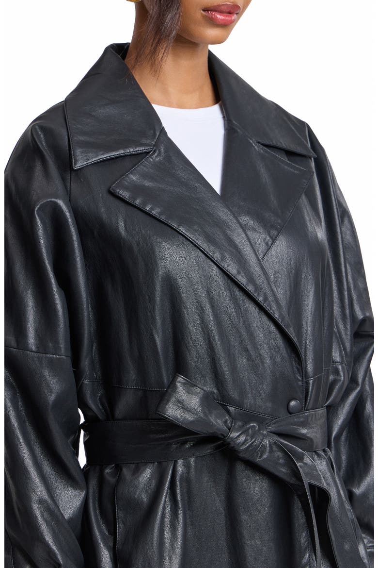 Shoulder Pad Faux Leather Long Coat, Alternate, color, BLACK