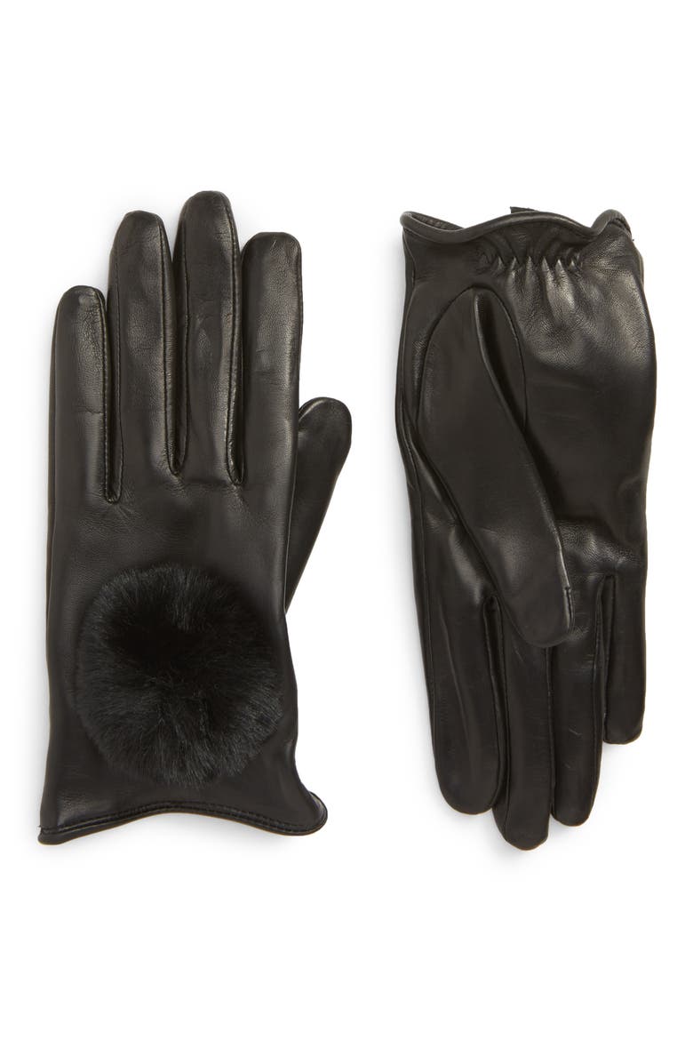 Faux Fur Pompom Lambskin Leather Gloves, Main, color, BLACK COMBO