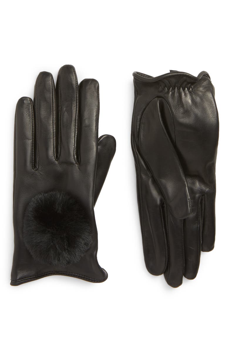 Nordstrom Faux Fur Pompom Lambskin Leather Gloves, Main, color, 