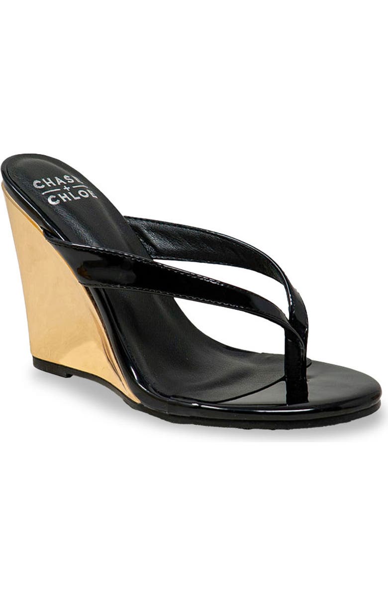 CHASE AND CHLOE Toe Post Wedge Sandal, Main, color, Black Patent