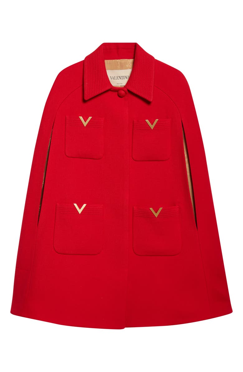 Valentino V-Detail Wool & Silk Double Drill Cape, Main, color, Deep Red