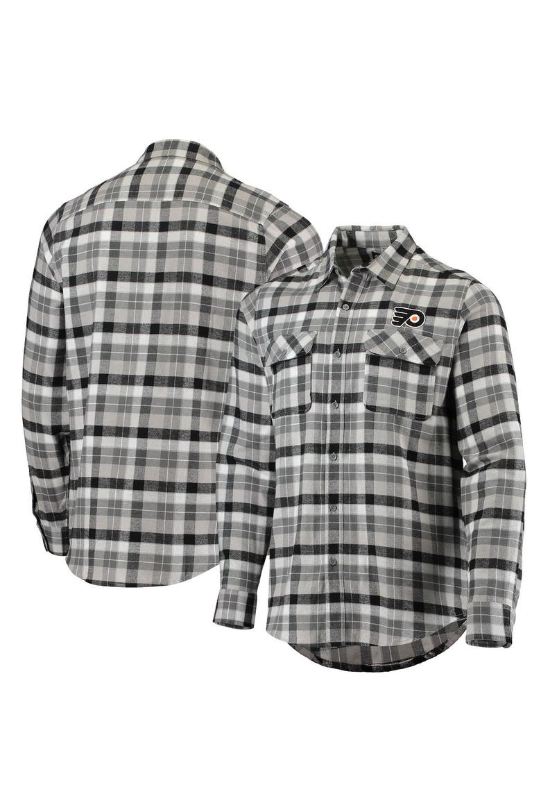 Men's Antigua Black/Gray Philadelphia Flyers Ease Plaid Button-Up Long Sleeve Shirt, Alternate, color, Black