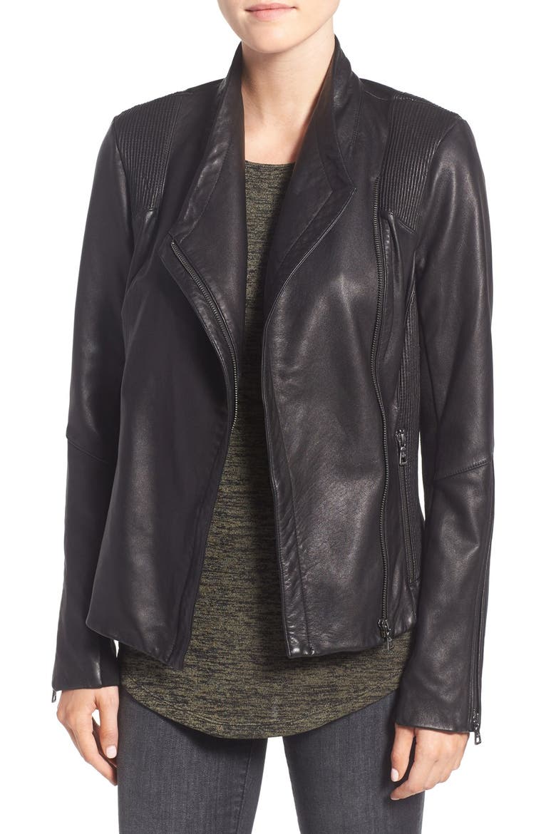 Pintucked Leather Jacket, Main, color, BLACK
