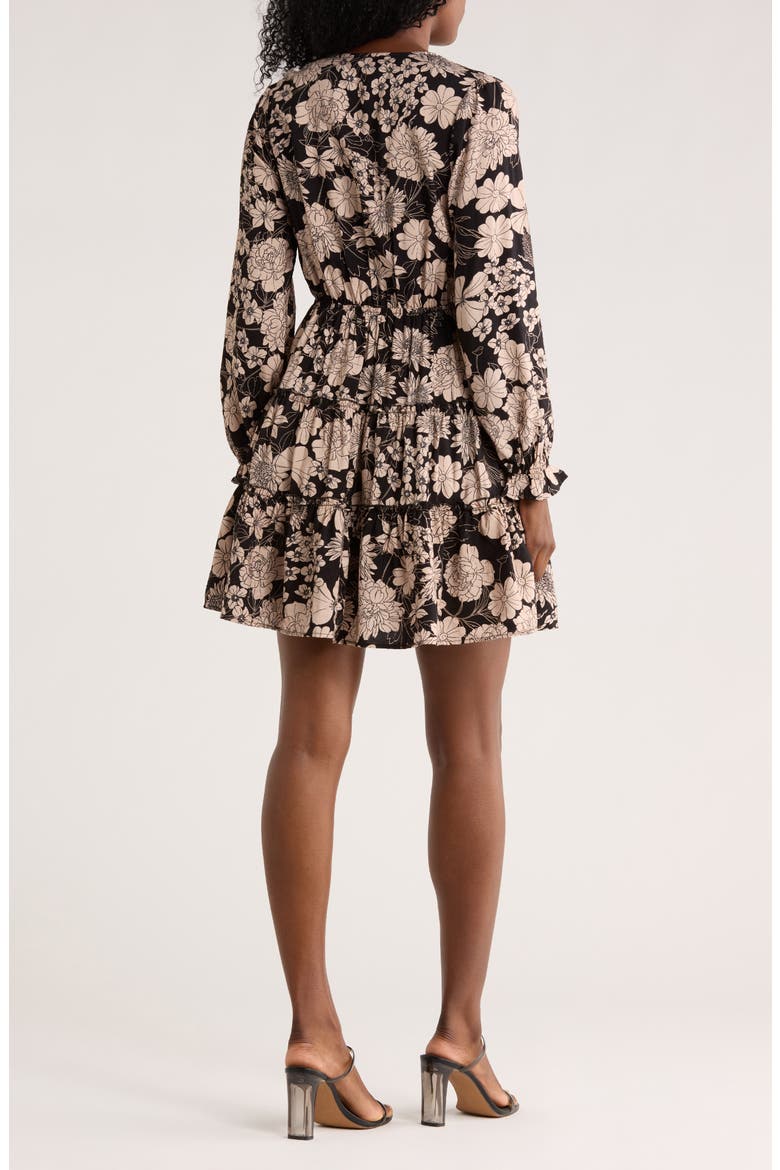 Floral Tiered Long Sleeve Minidress, Alternate, color, BLACK/ TAUPE