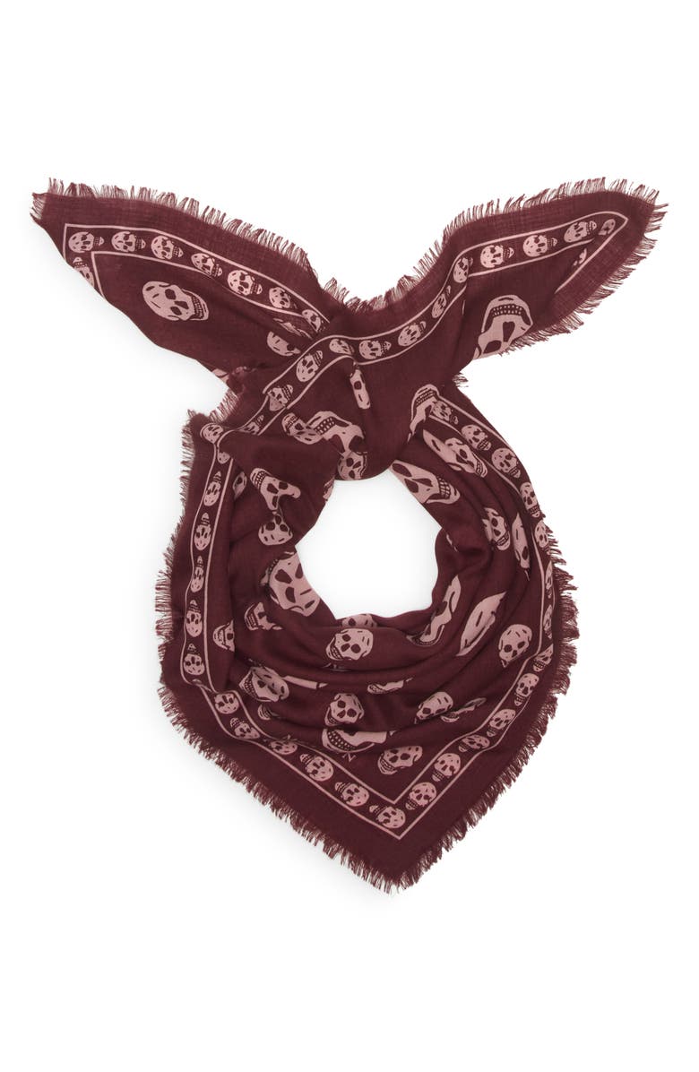 McQueen Skull Print Wool Fringe Scarf, Alternate, color, Burgundy/ Pink