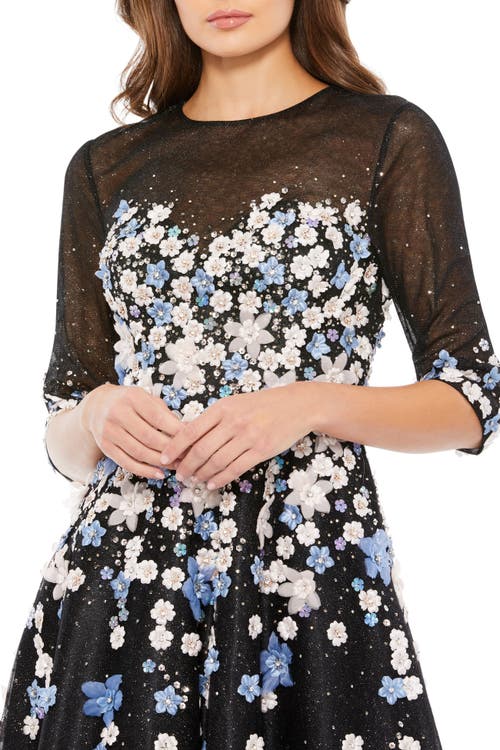 Mac Duggal Floral Embroidered A-line Tea-length Cocktail Dress In Black Multi