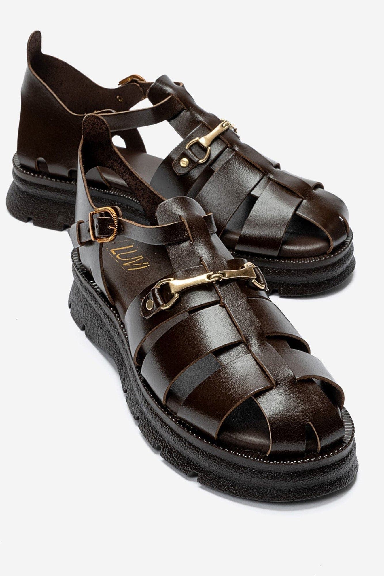 Riela Leather Buckle Sandal, Alternate, color, Brown