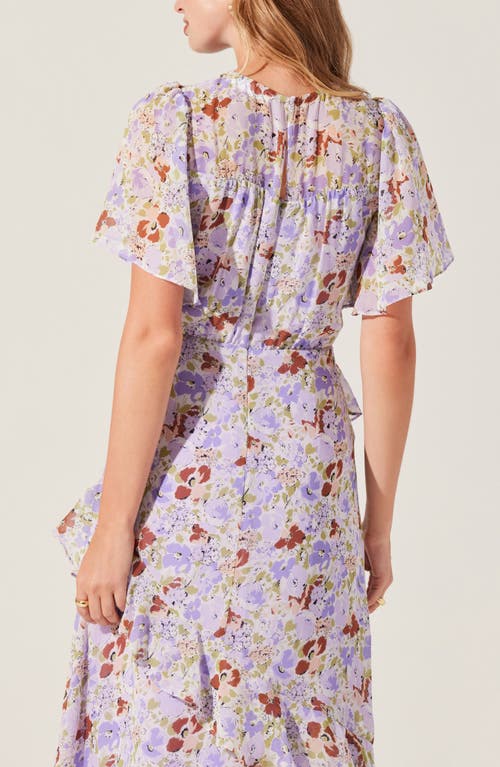 Astr The Label Floramae Floral Ruffle Detail Short Sleeve Midi Dress In Lavender Floral