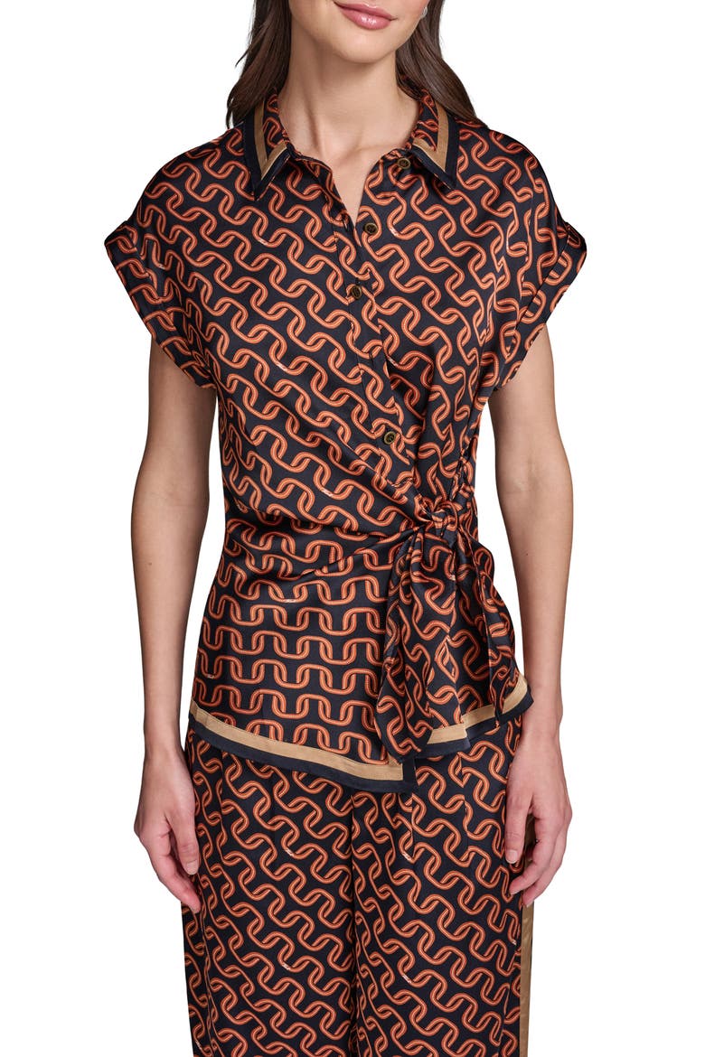 Side Tie Crêpe de Chine Button-Up Shirt, Main, color, MIDNIGHT NAVY/ SIENA