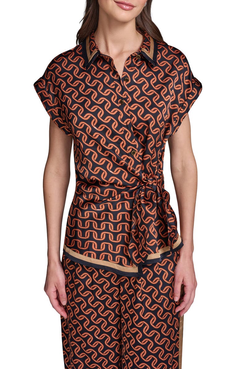 KARL LAGERFELD PARIS Side Tie Crêpe de Chine Button-Up Shirt, Main, color, Midnight Navy/ Siena
