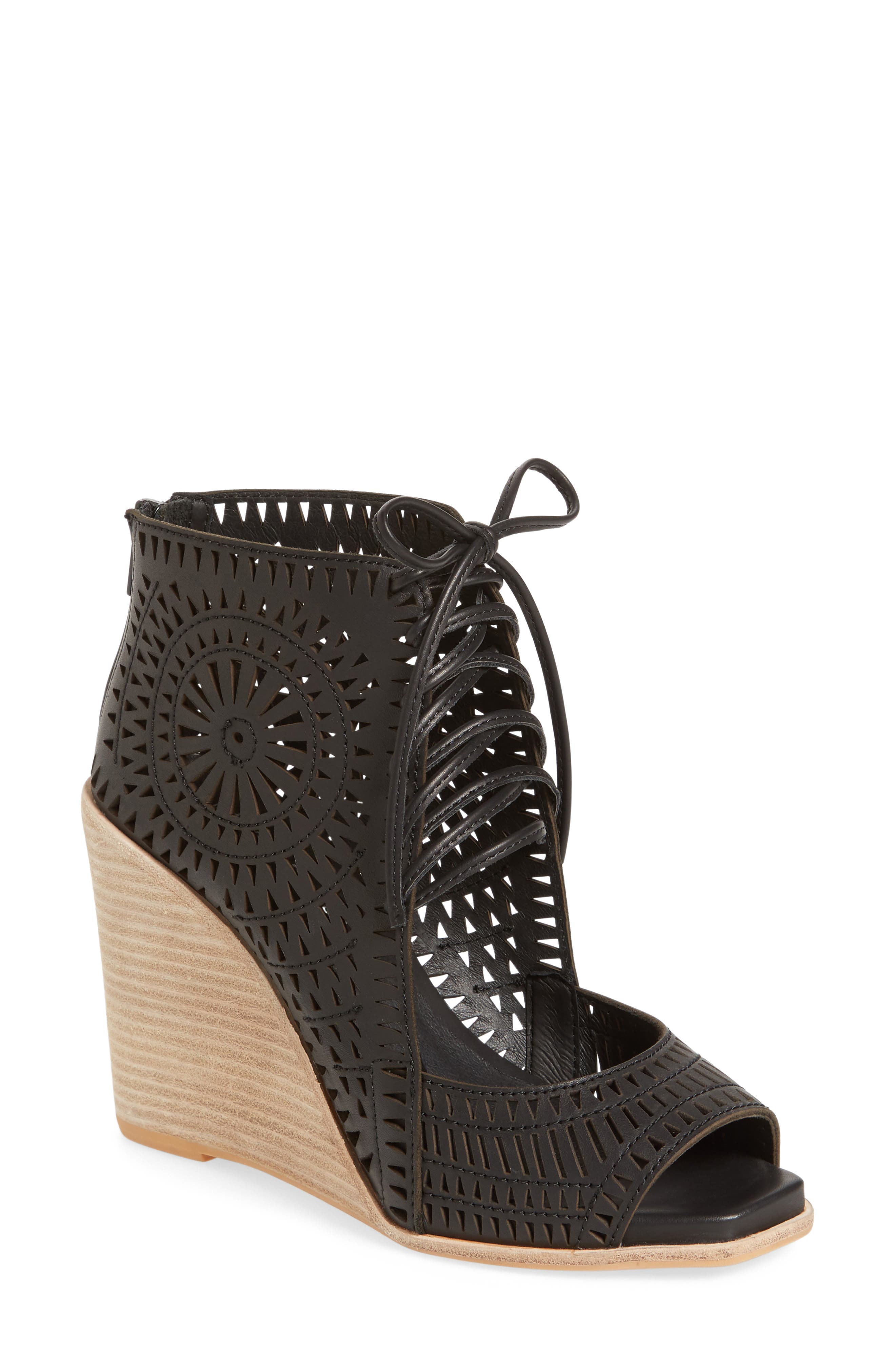 Rayos Perforated Wedge Sandal, Main, color, BLACK