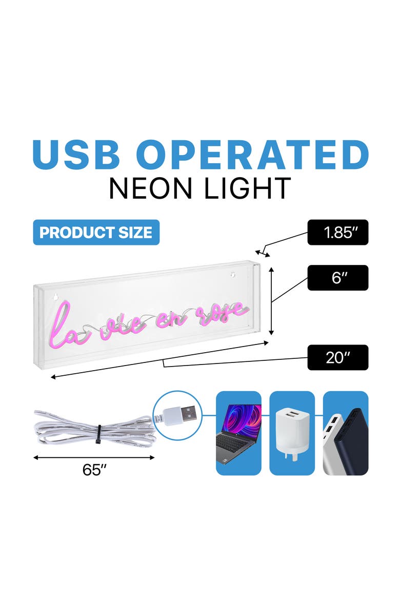JONATHAN Y La Vie En Rose 20" X 6" Contemporary Glam Acrylic Box USB Operated LED Neon Light, Pink, Alternate, color, Pink