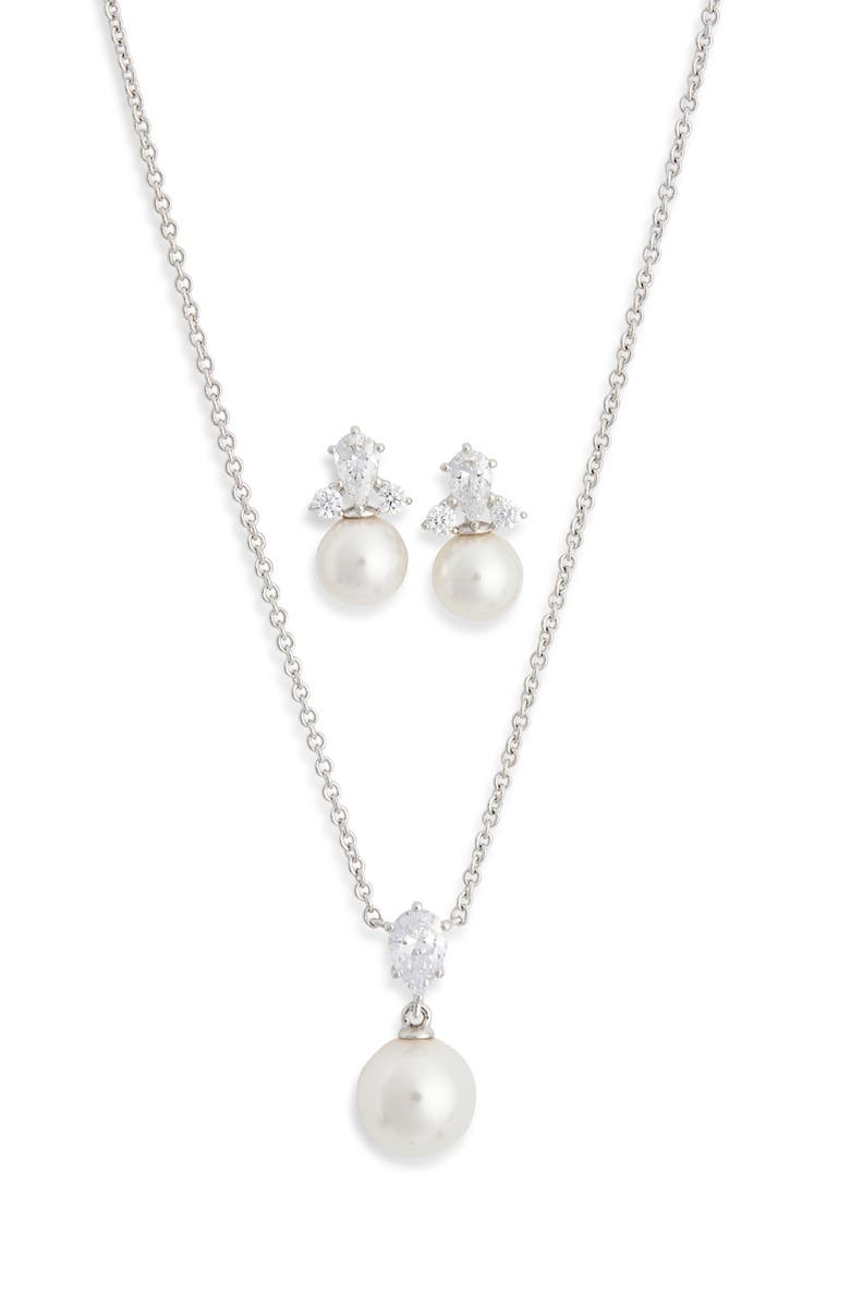 Nadri Bridesmaids Cubic Zirconia & Faux Pearl Stud Earrings & Necklace Set, Main, color, Rhodium