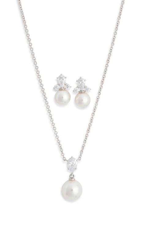 Bridesmaids Cubic Zirconia & Faux Pearl Stud Earrings & Necklace Set