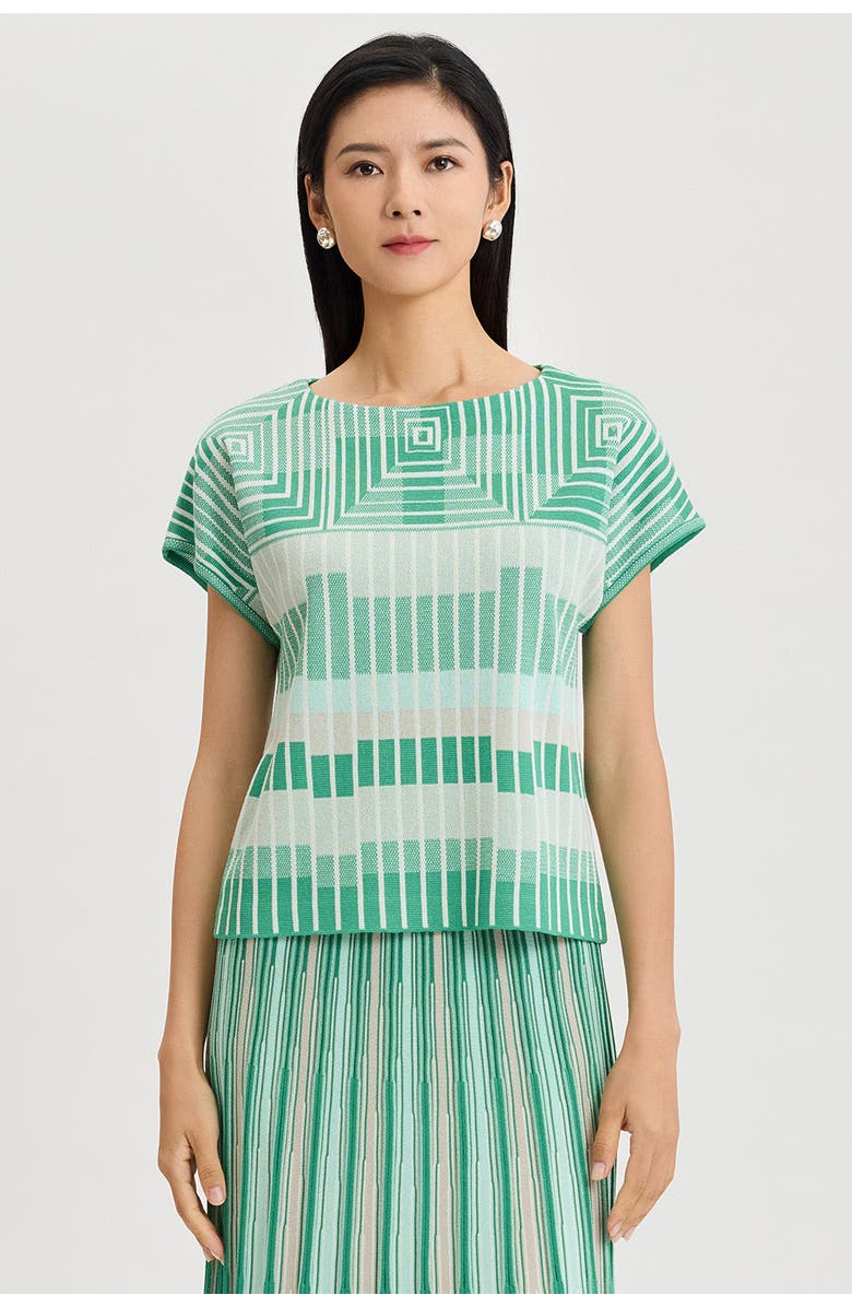 Ming Wang Geometric Jacquard Soft Knit Top, Main, color, Kelly Green/Euca/Lime/Ivory