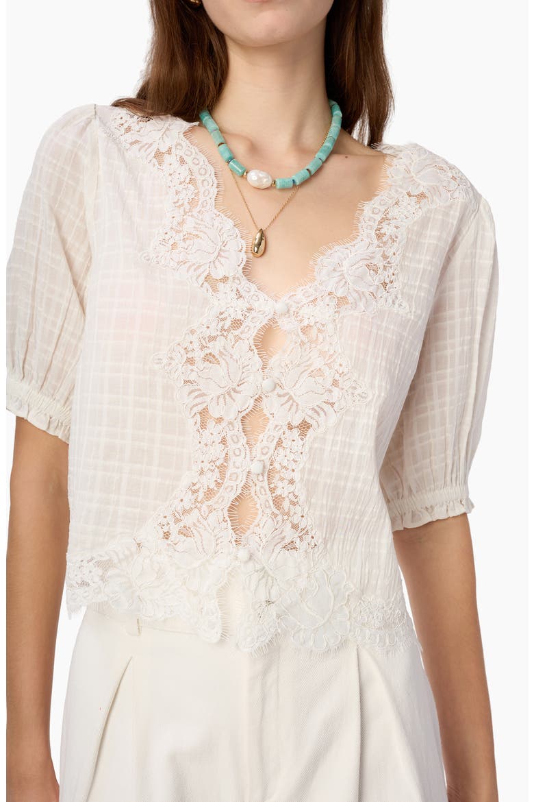 Junie Eyelash Lace Trim Cotton & Silk Top, Alternate, color, WHITE