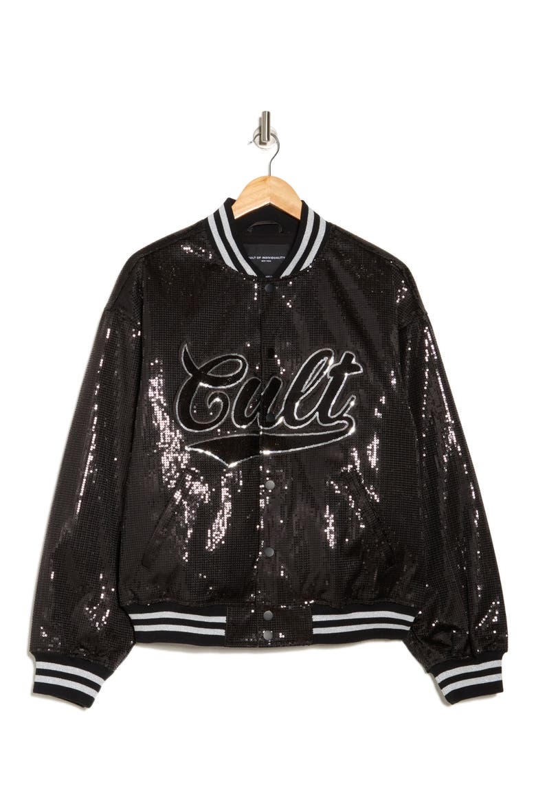 Sequin Baseball Jacket, Alternate, color, BLACK