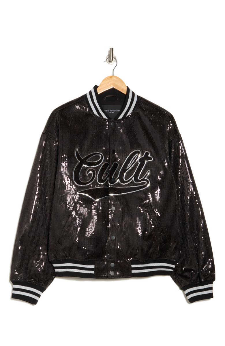 Cult of Individuality Sequin Baseball Jacket, Alternate, color, Black