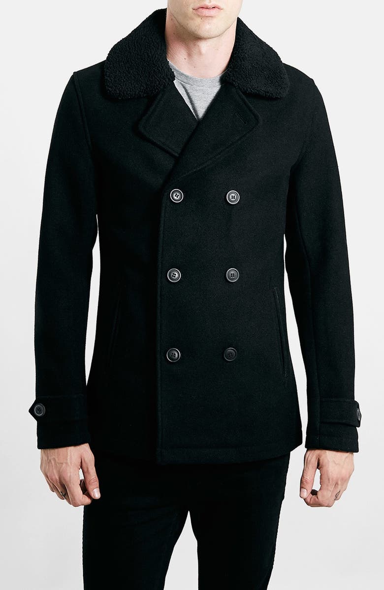 Topman Peacoat with Removable Faux Fur Collar, Main, color, 