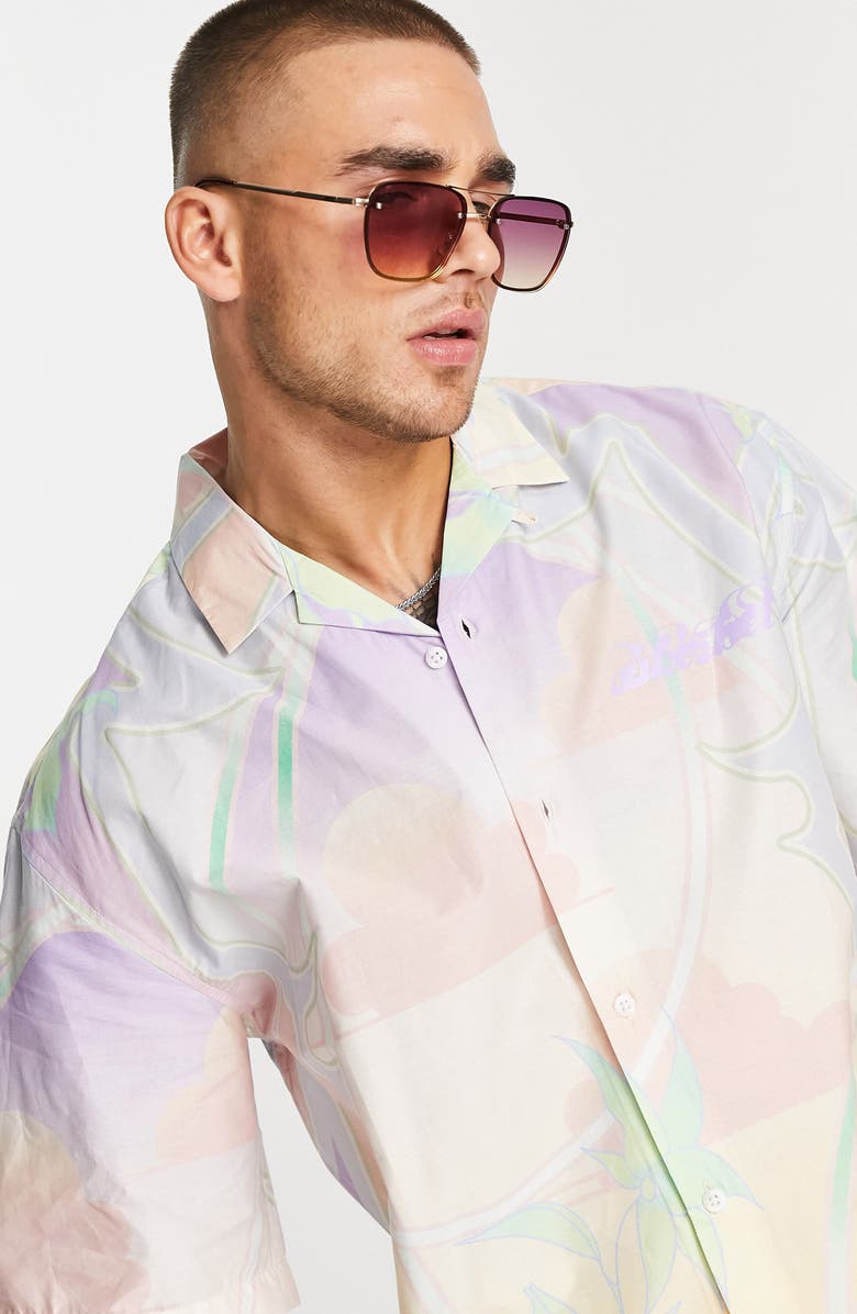 Topman Men's Sherbert Print Short Sleeve Cotton Button-Up Shirt, Alternate, color, 