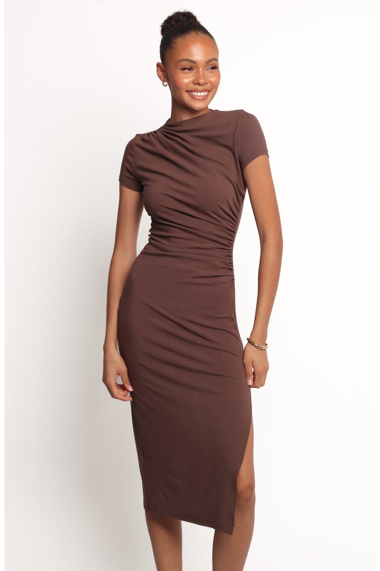 Lioren Ruched Midi Dress, Alternate, color, BROWN