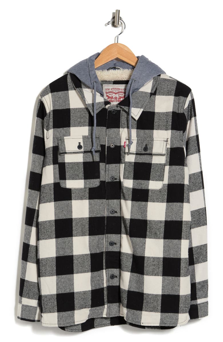 Levi's Plaid Faux Shearling Lined Jersey Hood Shirt Jacket, Alternate, color, Black/White Buffalo Check