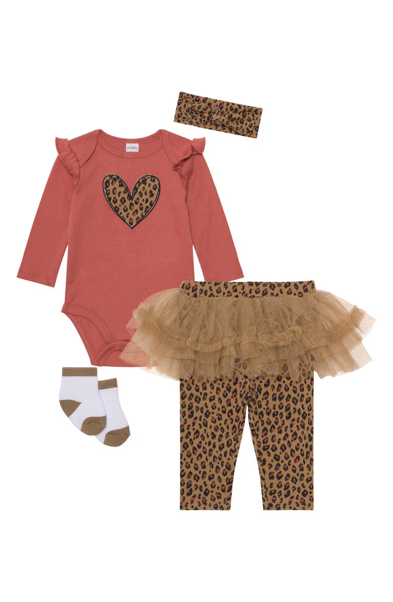 PL Baby by Petit Lem Ruffle Bodysuit, Skirted Leggings, Headband & Socks Set, Main, color, Leopard